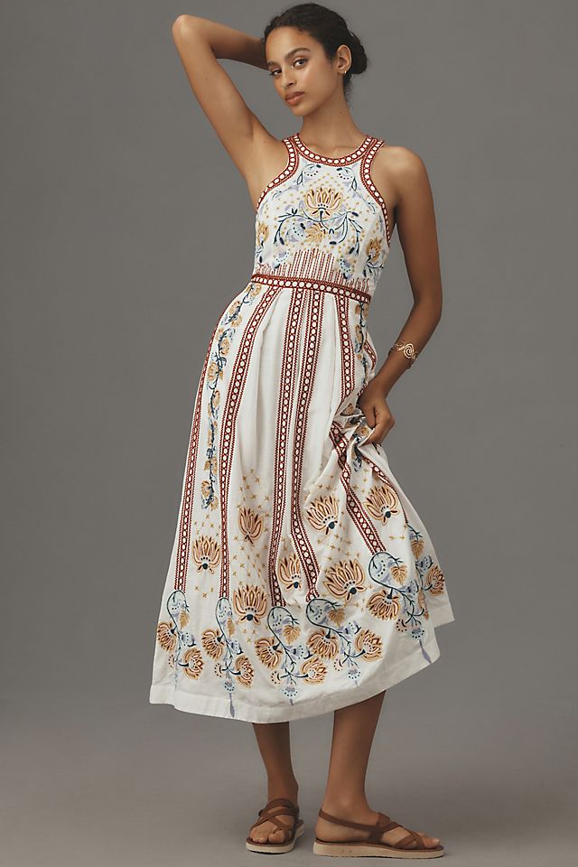 anthropologie embroidered dress By Puff-Sleeve Midi line silhouette V By Anthropologie Embroidered Back-Cutout Midi