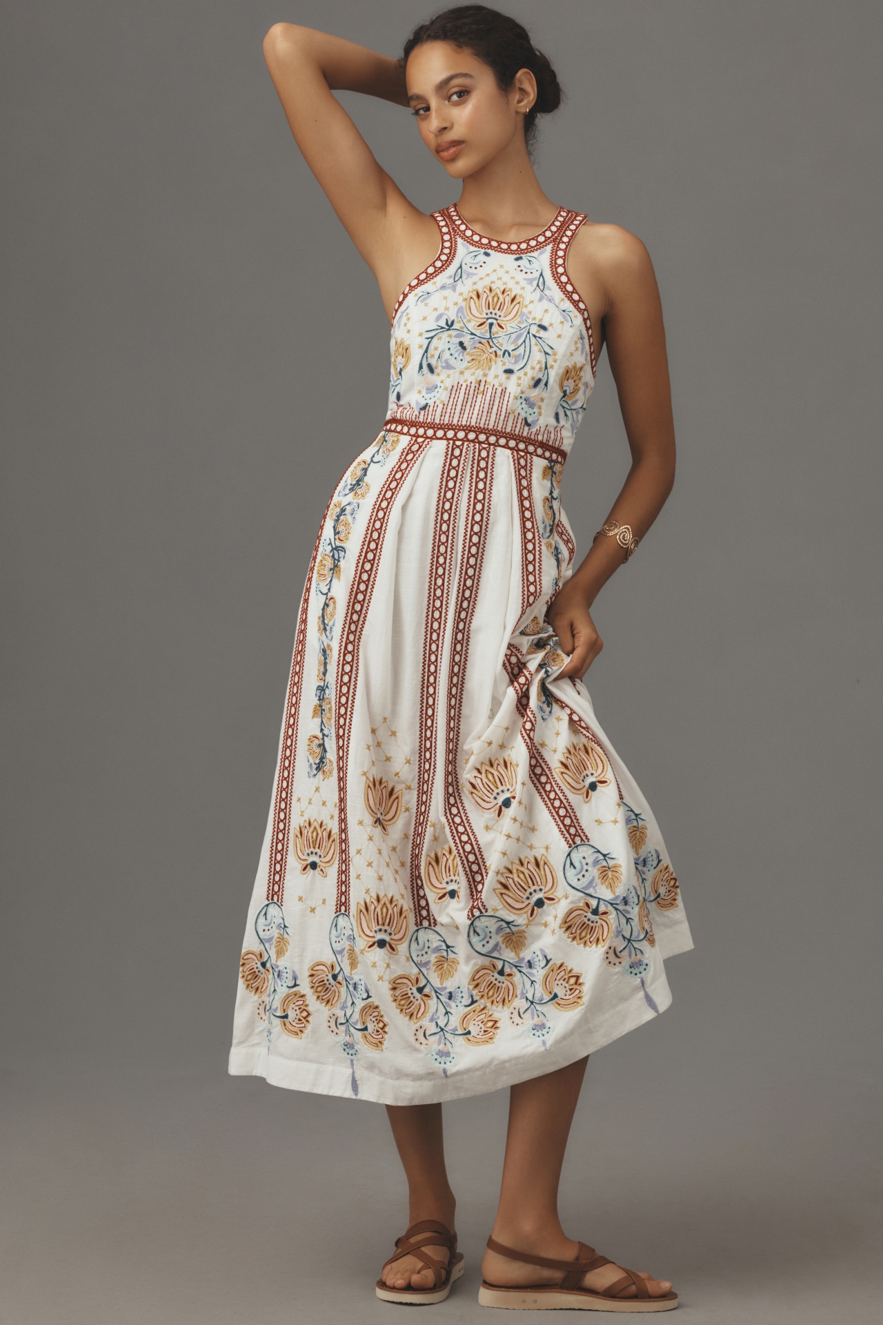 By Anthropologie Embroidered Back-Cutout Midi Dress