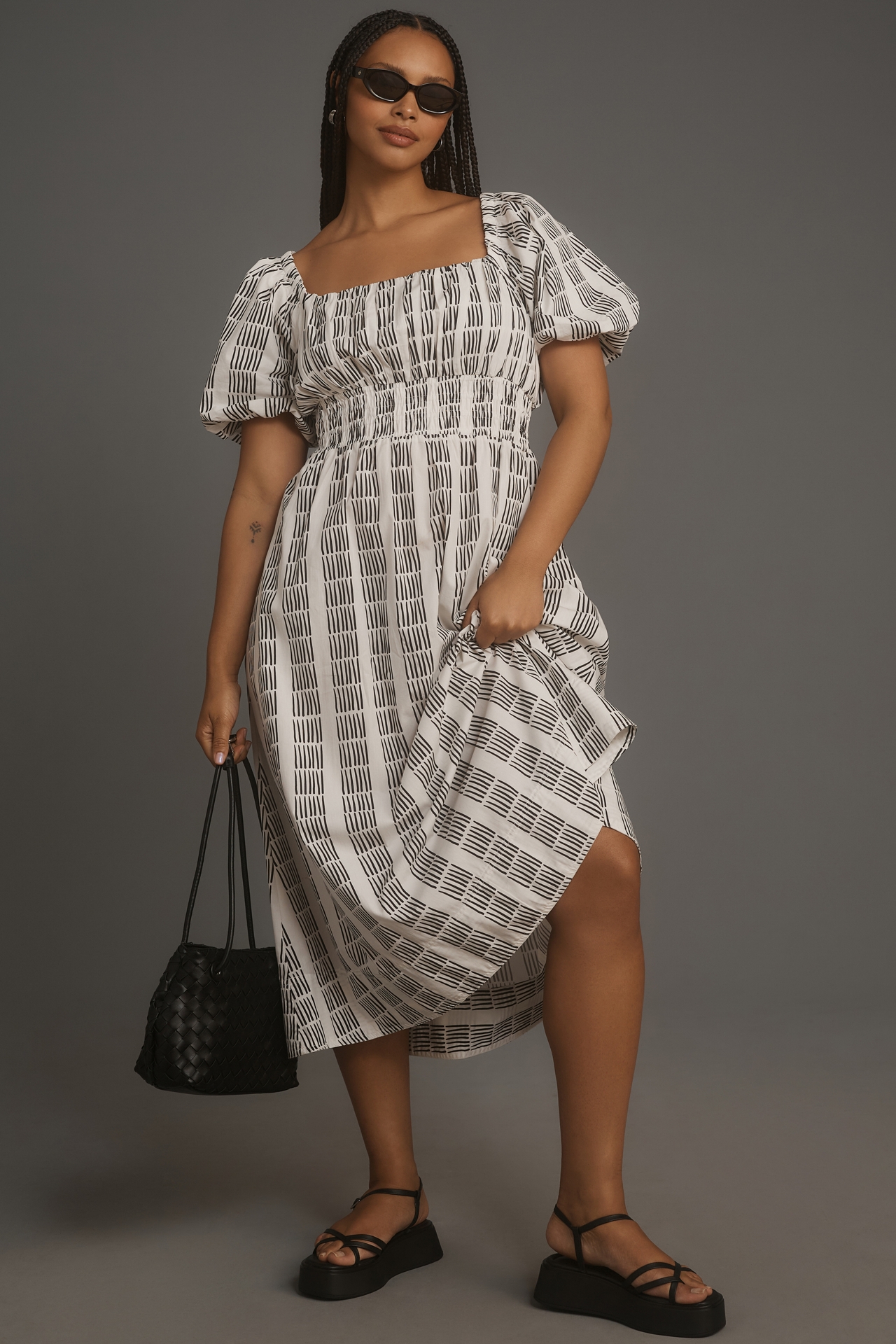 Maeve Puff-Sleeve Square-Neck Smocked Midi Dress