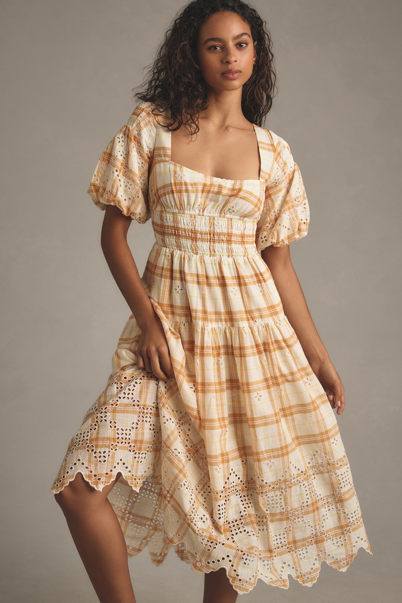 By Anthropologie Puff-Sleeve Eyelet Midi Dress