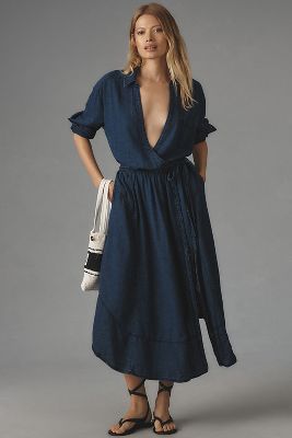 Shop Pilcro V-neck Linen Midi Wrap Dress In Blue