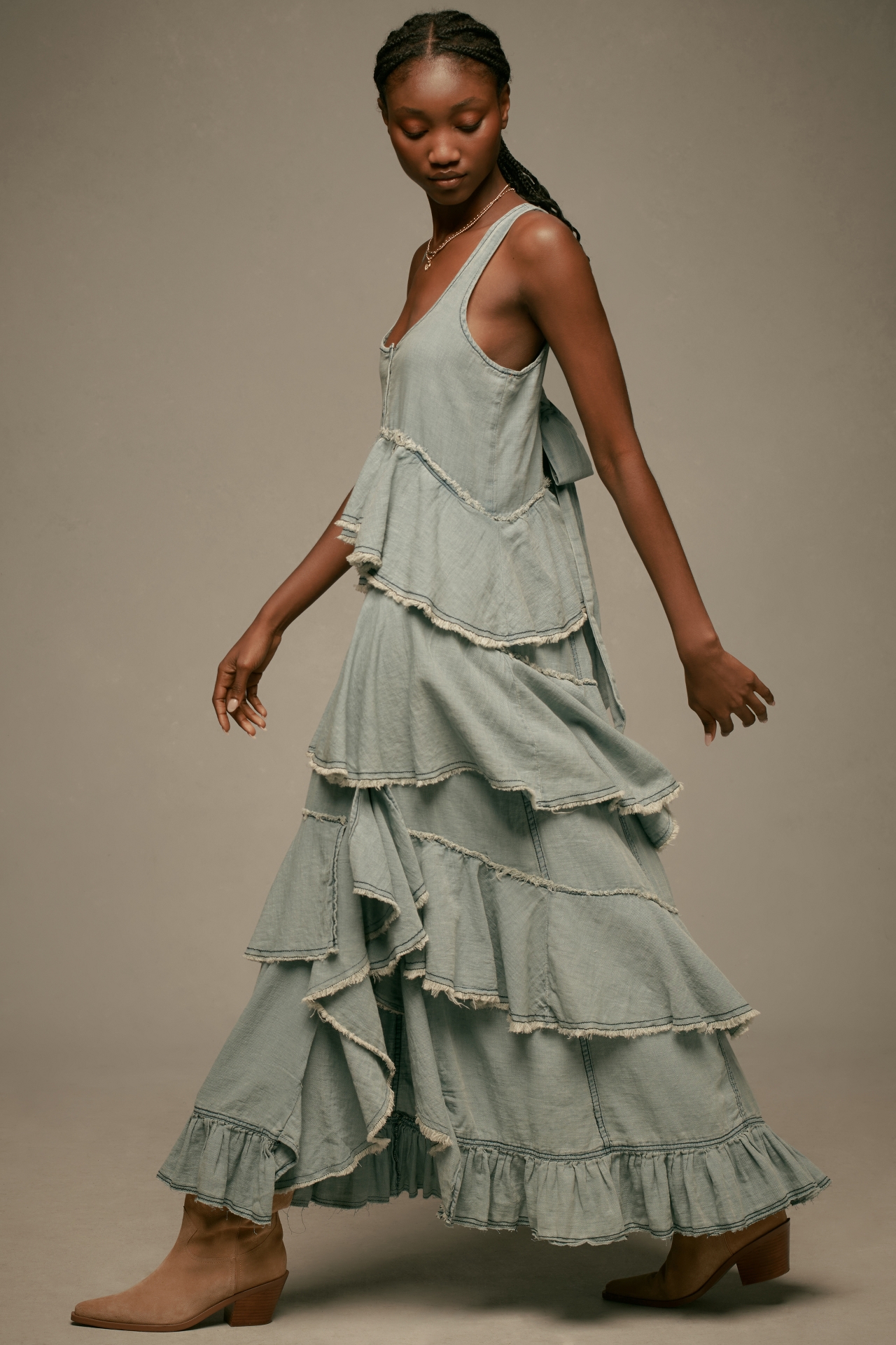 Pilcro Sleeveless Tiered Ruffled Denim Midi Dress