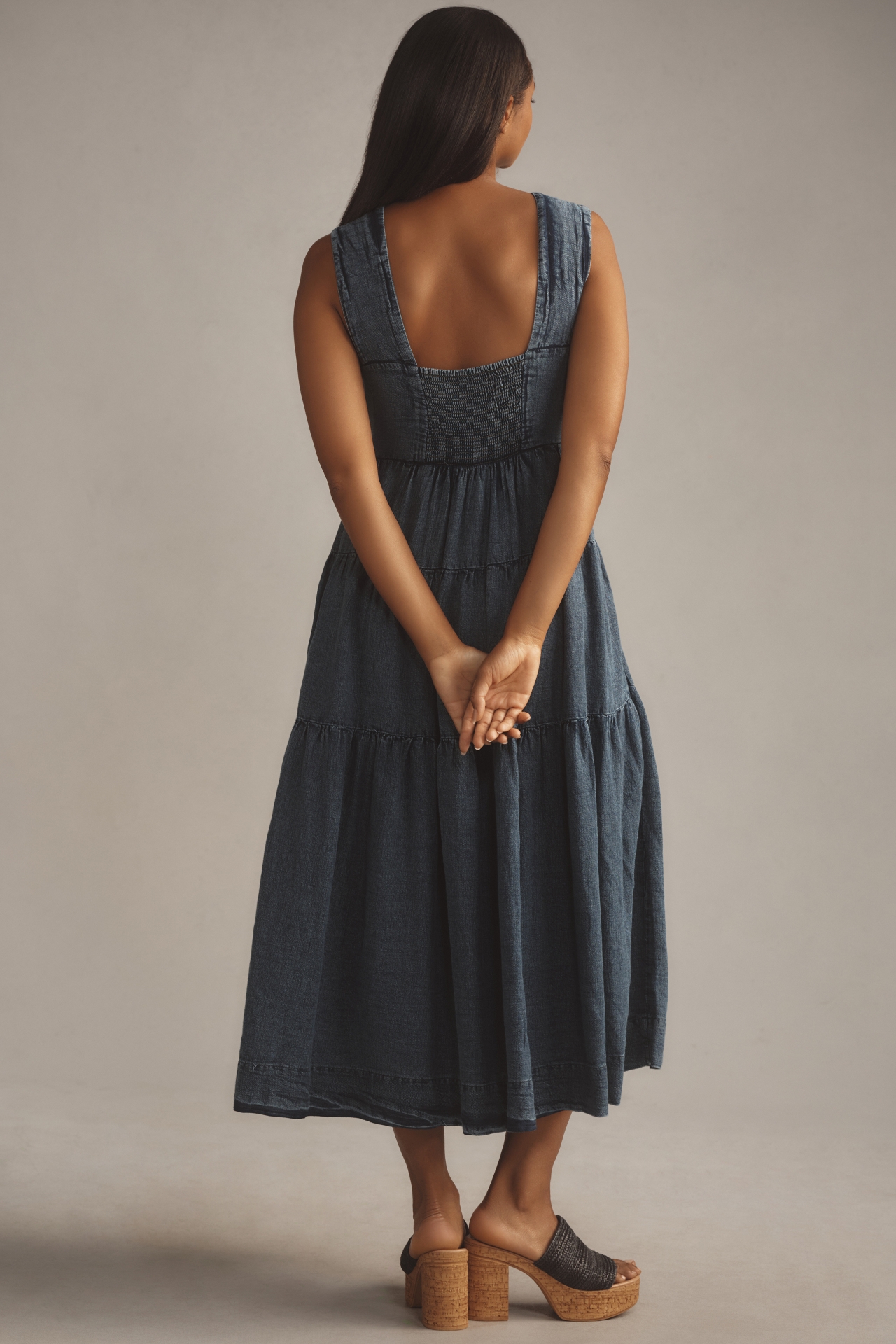 The Helena Square-Neck Tiered Midi Dress: Smocked Denim Edition