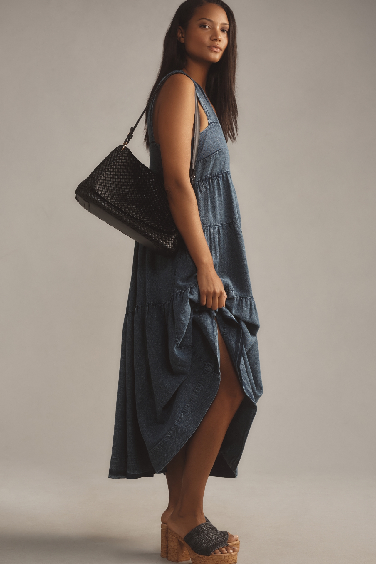 The Helena Square-Neck Tiered Midi Dress: Smocked Denim Edition