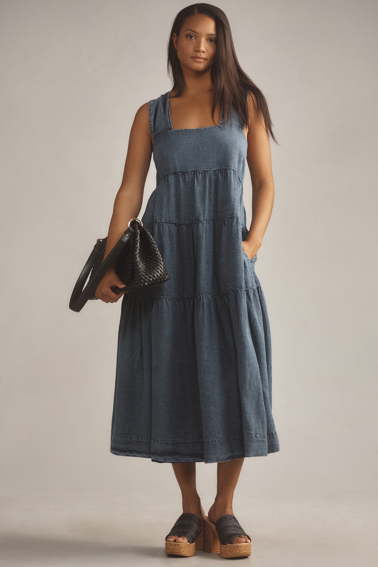 The Helena Square-Neck Tiered Midi Dress: Smocked Denim Edition