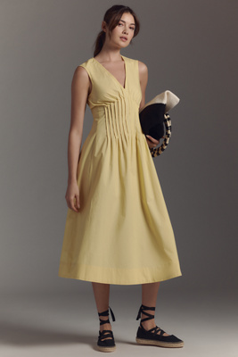 MAEVE THE HAILEY SLEEVELESS V-NECK PINTUCK MIDI DRESS BY MAEVE 