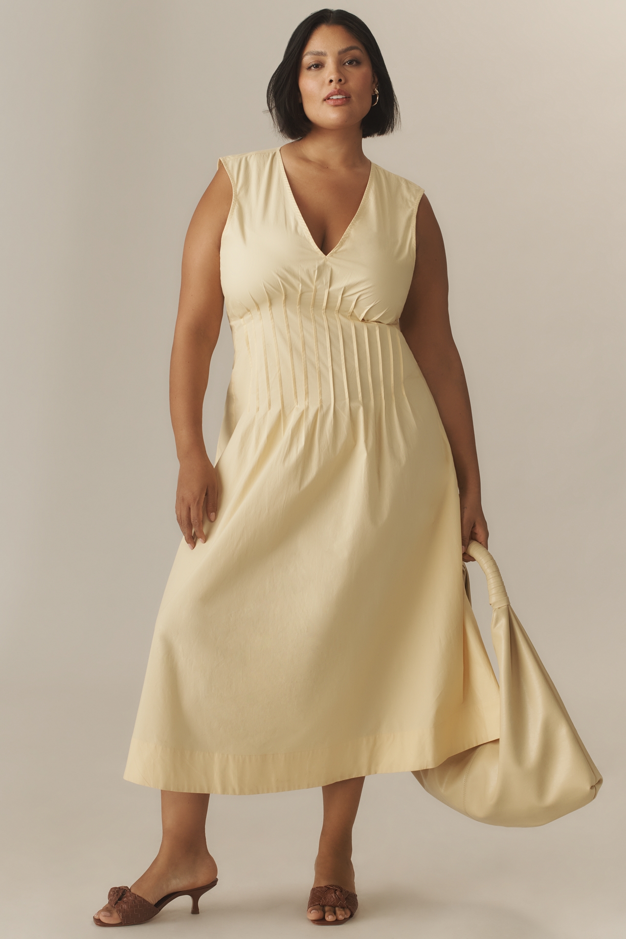 The Hailey Sleeveless V-Neck Pintuck Midi Dress by Maeve