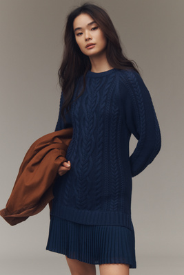 By Anthropologie Twofer Cable-knit Sweater Mini Dress In Blue