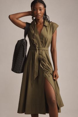 By Anthropologie Short-sleeve V-neck Wrap Midi Shirt Dress In Green