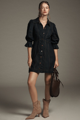 puff sleeve denim dress anthropologie By Anthropologie Puff-Sleeve Denim Mini Shirt Dress
