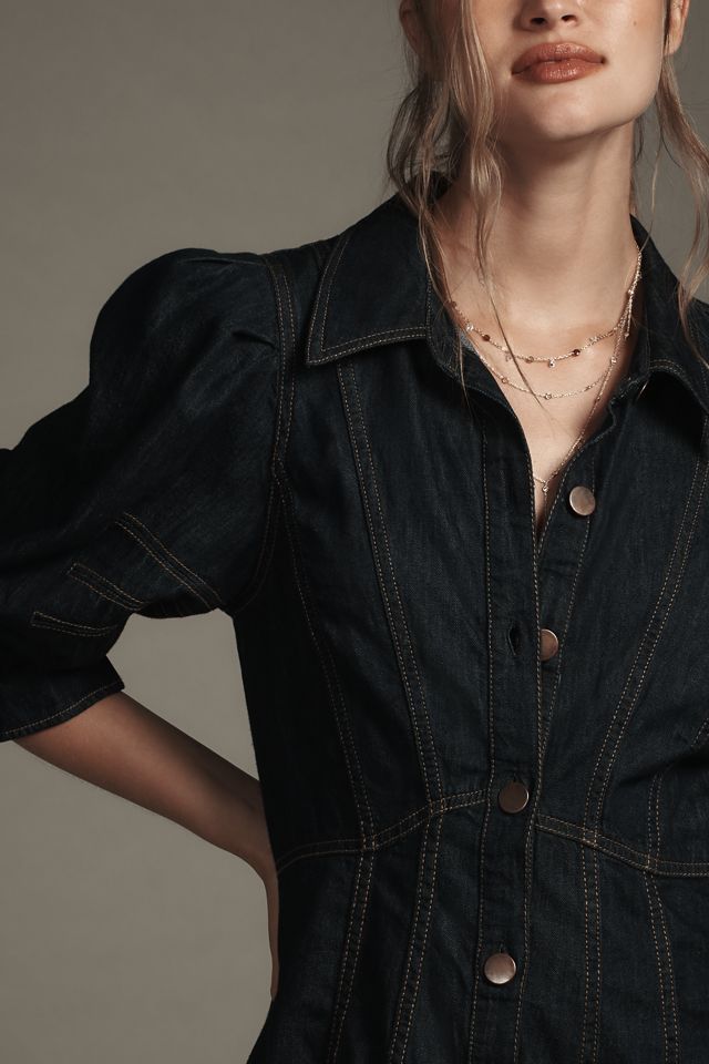 By Anthropologie Puff-Sleeve Denim Mini Shirt Dress #2