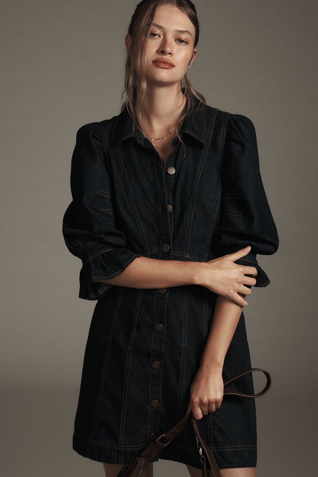 By Anthropologie Puff-Sleeve Denim Mini Shirt Dress #3