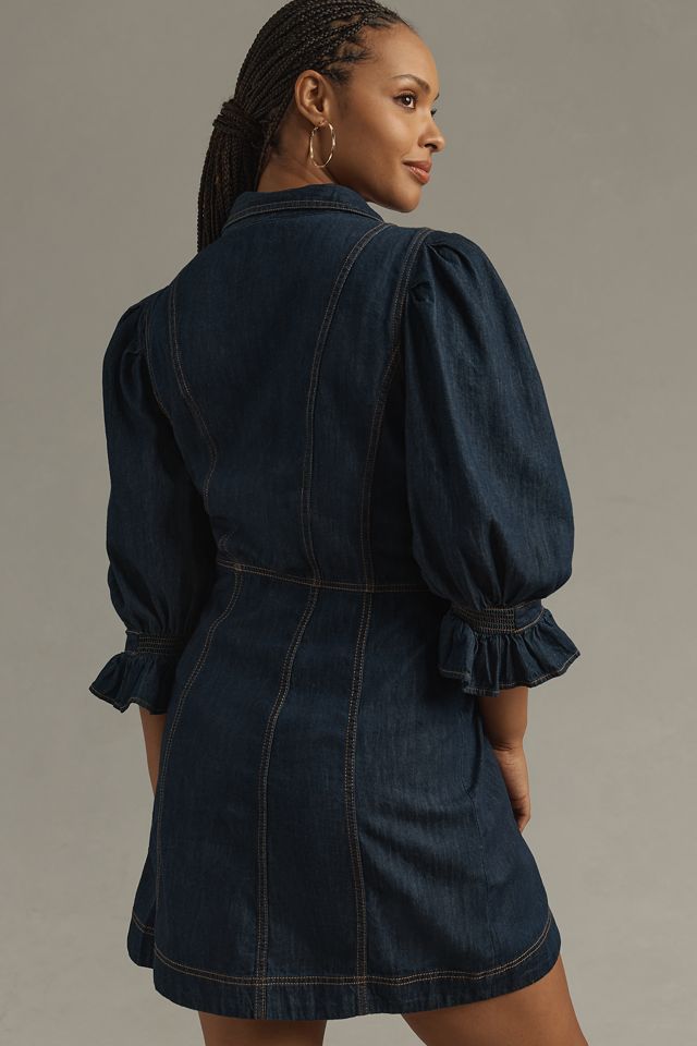 By Anthropologie Puff-Sleeve Denim Mini Shirt Dress #5
