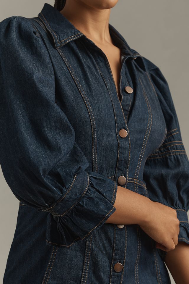 By Anthropologie Puff-Sleeve Denim Mini Shirt Dress #6