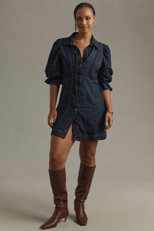 By Anthropologie Puff-Sleeve Denim Mini Shirt Dress #7