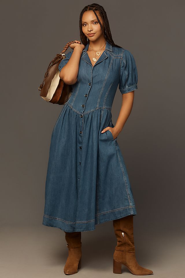 short sleeve denim midi dress DAYDREAM l FLYING TOMATO Flying Tomato Style it with white trainers and a crossbody bag for a relaxed weekend look Dark Wash Warehouse Petite Denim