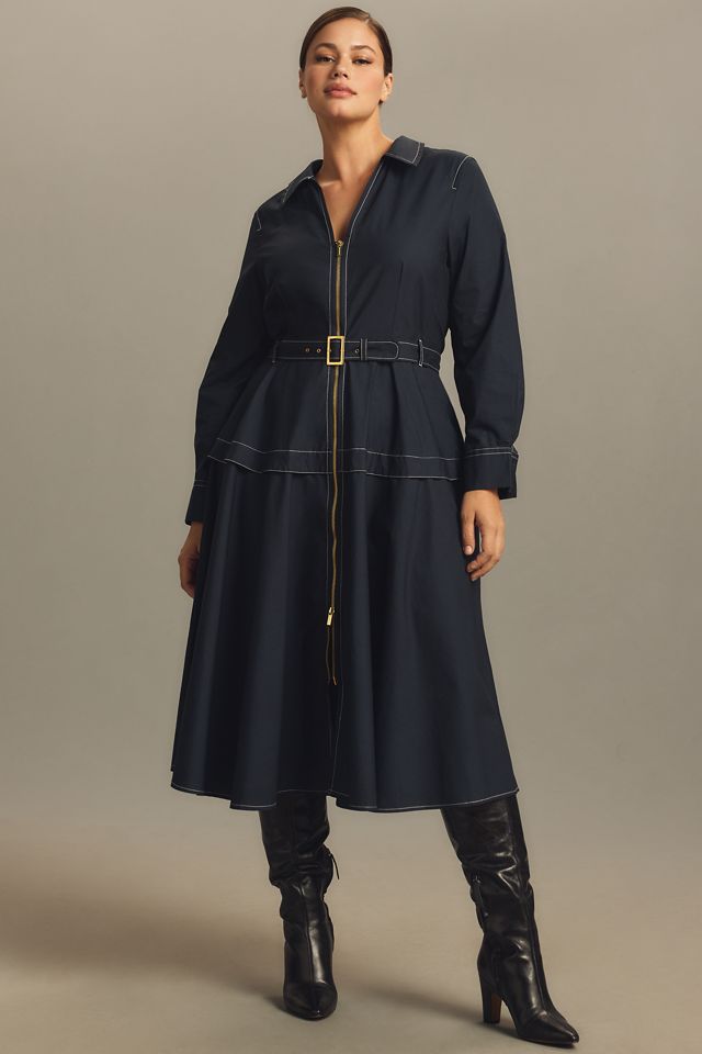 By Anthropologie Long-Sleeve Belted Front-Zip Midi Dress #3