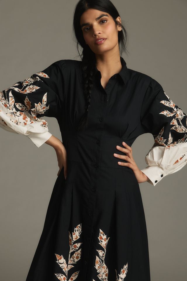 By Anthropologie Long-Sleeve Embellished Midi Shirt Dress #1