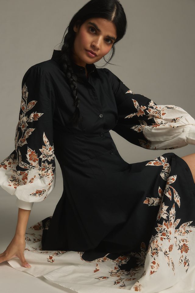 By Anthropologie Long-Sleeve Embellished Midi Shirt Dress #3