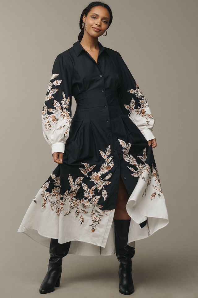 By Anthropologie Long-Sleeve Embellished Midi Shirt Dress #7