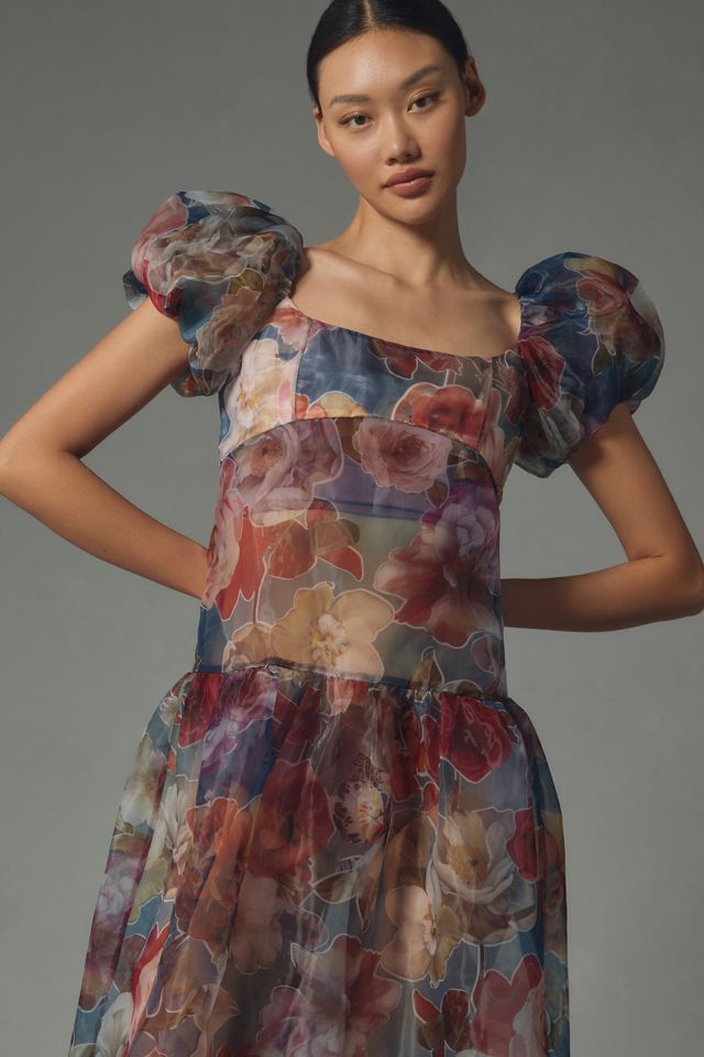 By Anthropologie Puff-Sleeve Off-The-Shoulder Drop-Waist Sheer Midi Dress #2