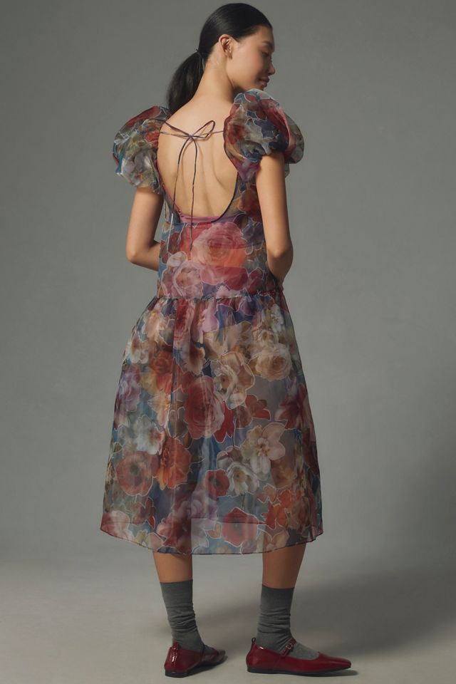 By Anthropologie Puff-Sleeve Off-The-Shoulder Drop-Waist Sheer Midi Dress #1