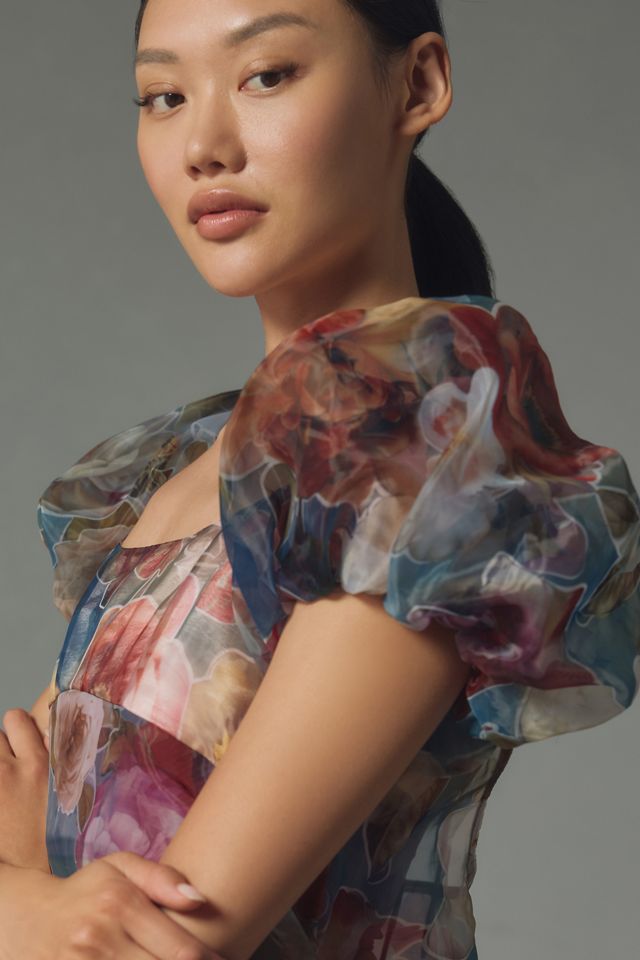 By Anthropologie Puff-Sleeve Off-The-Shoulder Drop-Waist Sheer Midi Dress #3