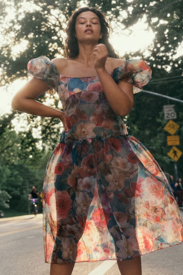 By Anthropologie Puff-Sleeve Off-The-Shoulder Drop-Waist Sheer Midi Dress #4