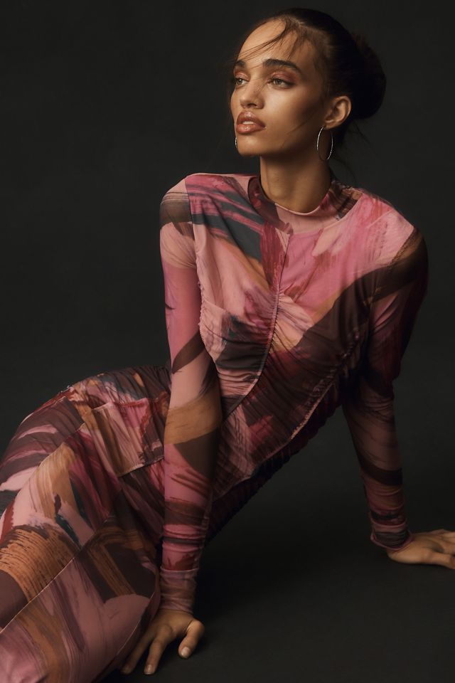 By Anthropologie Long-Sleeve Printed Mesh Midi Dress #2