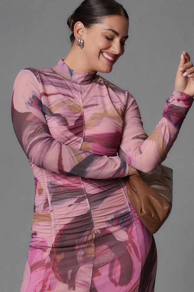 anthropologie pink mesh dress By Anthropologie Long-Sleeve Printed Mesh Midi Dress