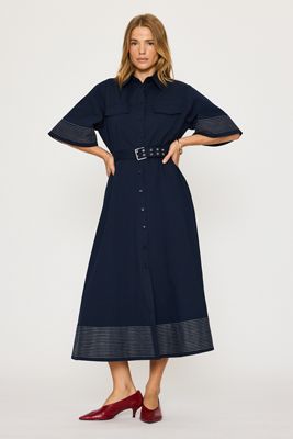 Exquise Short-Sleeve Belted Midi Shirt Dress