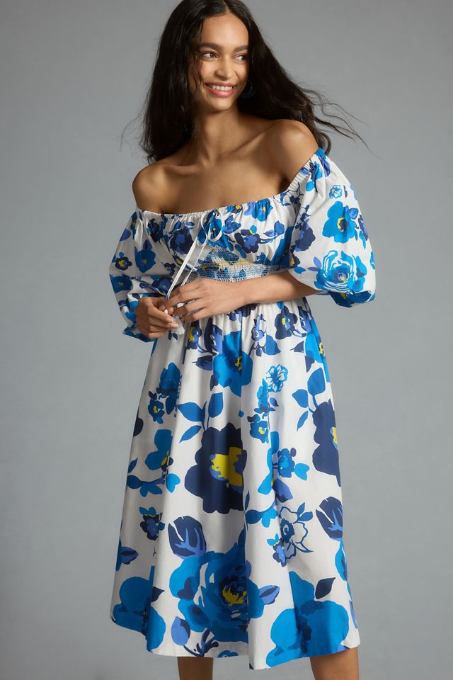 Plenty by Tracy Reese Off-The-Shoulder Puff-Sleeve Smocked Dress