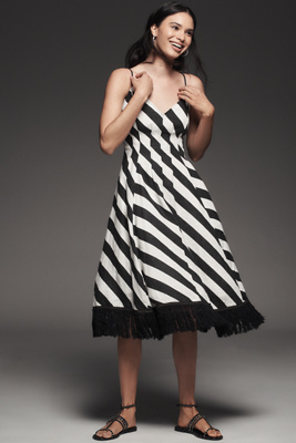 Hope For Flowers By Tracy Reese Linen V-neck Hourglass Fringe Midi Dress In Black