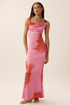 GOOD AMERICAN SATIN COWL-NECK LACE-UP MAXI DRESS 