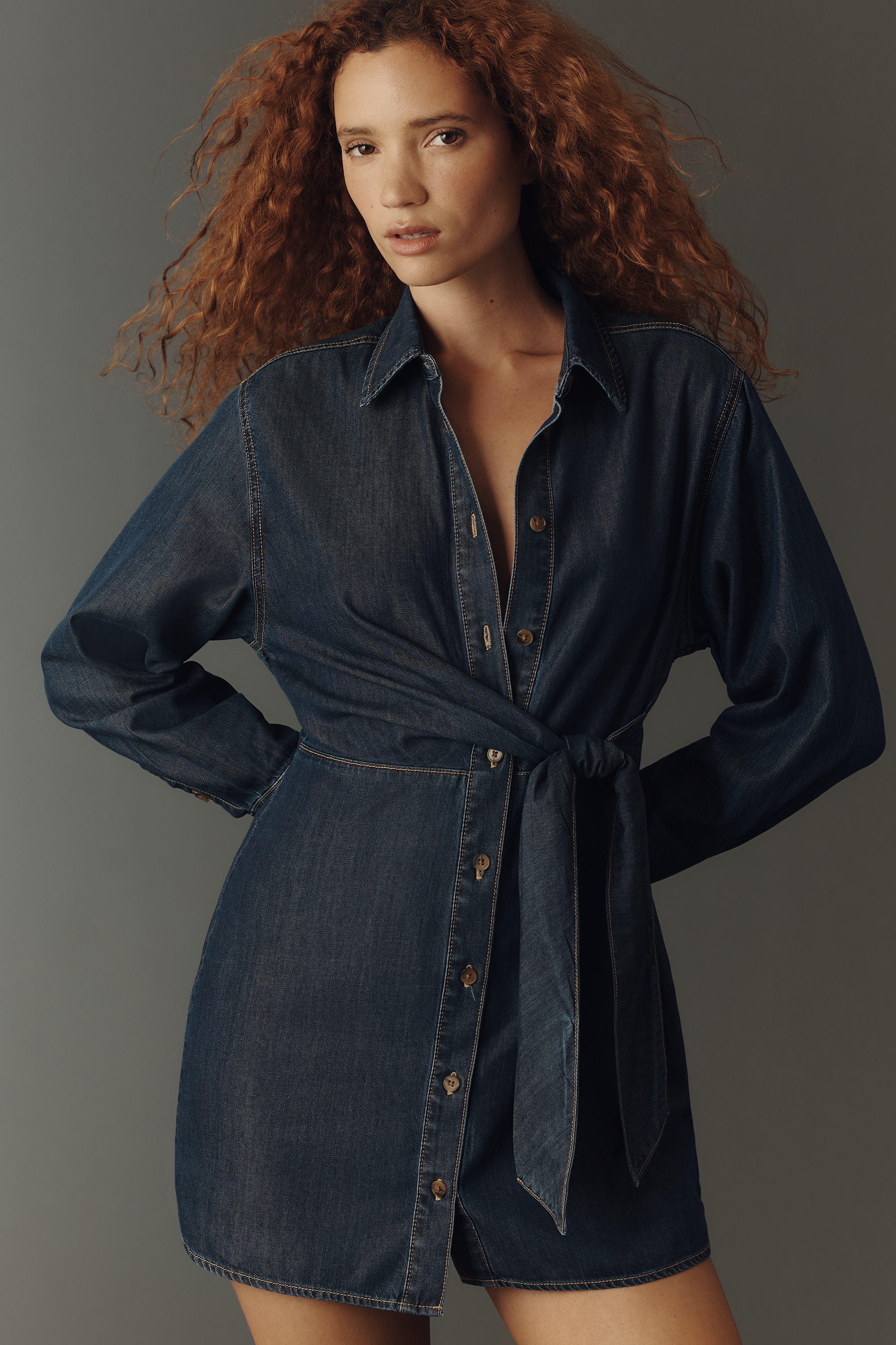 Long-Sleeve Denim Wrap Dress - Image 1
