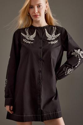 Never Fully Dressed Embroidered Swallow Romance Mini Dress In Black