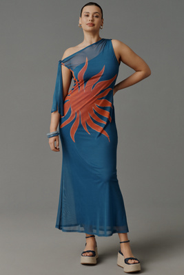 Never Fully Dressed One-shoulder Flame-print Maxi Dress In Blue