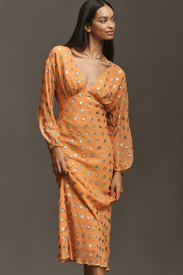 Never Fully Dressed Long-sleeve Foil Maxi Dress In Gold