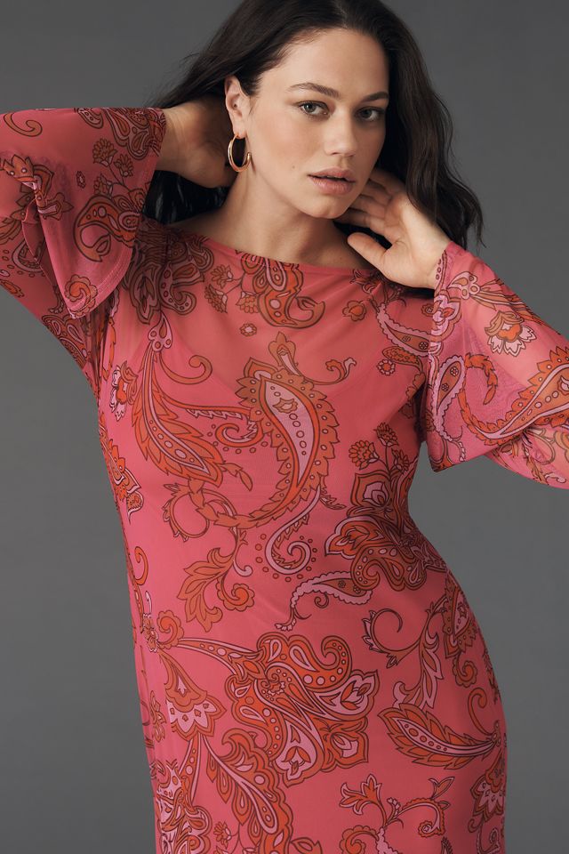 knee length dresses for ladies Floral Paisley Semi Sheer Midi Dress