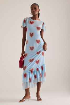 Never Fully Dressed Katie Heart Print Mesh Maxi Dress In Blue