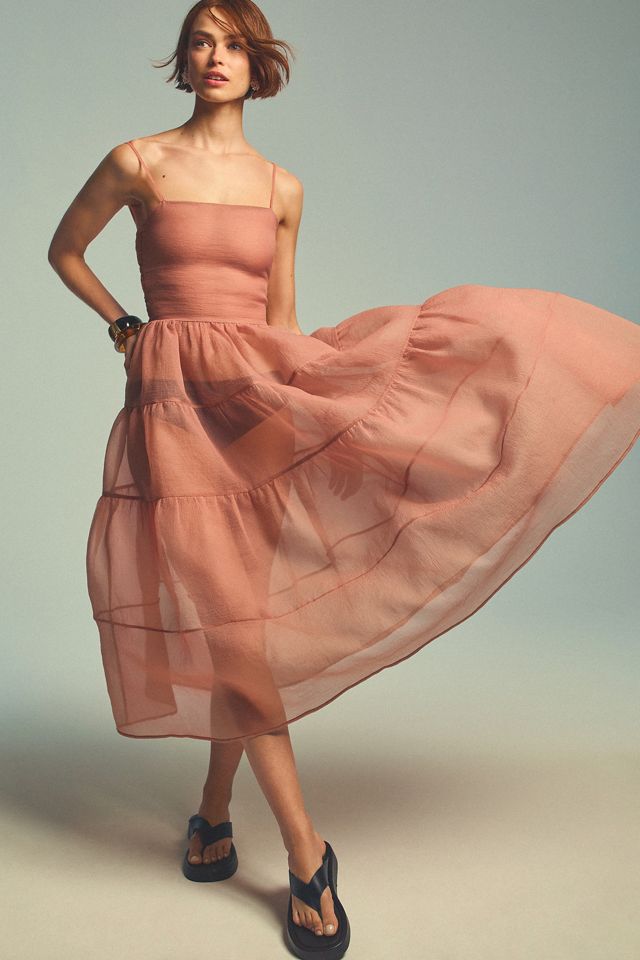 anthropologie tiered sheer printed dress Farm Rio Sheer Printed Tiered Maxi Dress