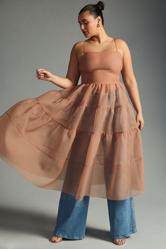 anthropologie tiered sheer printed dress By Anthropologie Peregrine Tiered Deco Midi Dress at MarketFair Shoppes in  Princeton, NJ