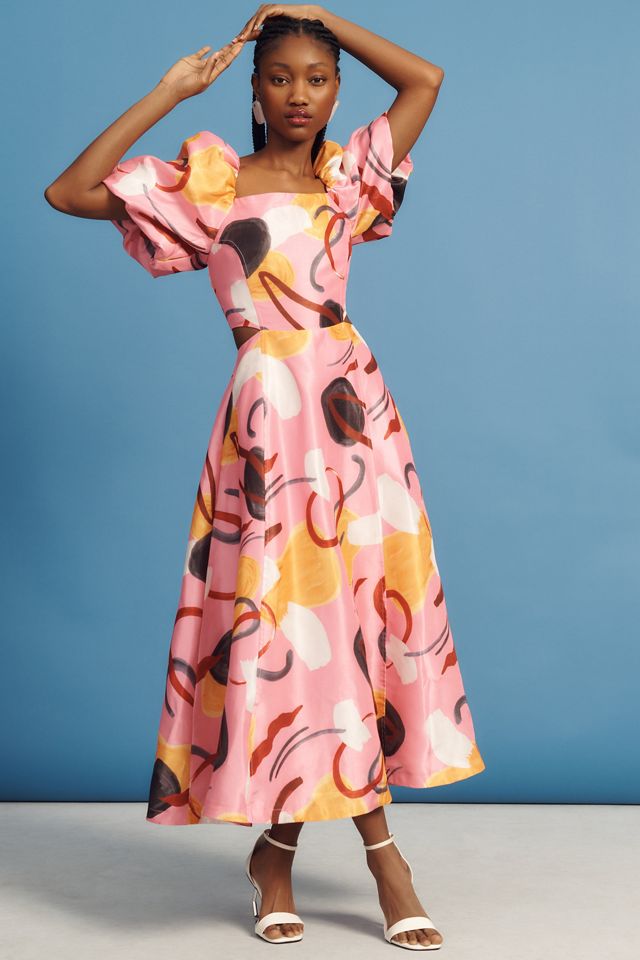 Aureta Studio Printed Puff-Sleeve Cutout Dress | Anthropologie