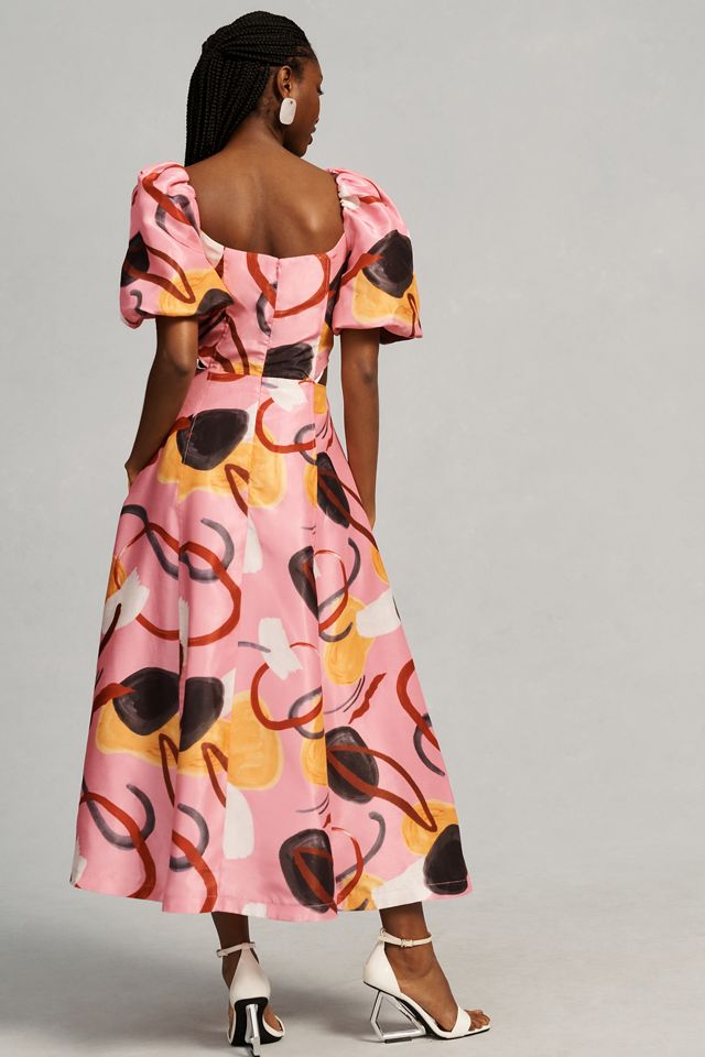Aureta Studio Printed Puff-Sleeve Cutout Dress | Anthropologie