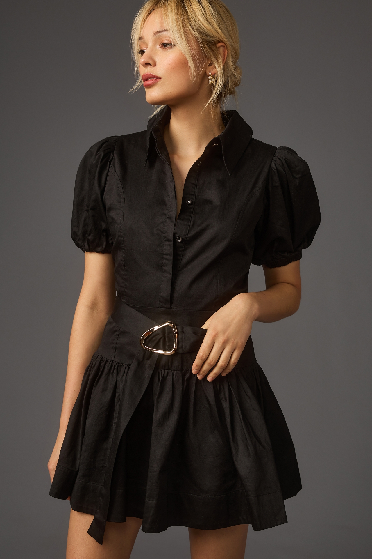 Aureta x Anthropologie Studio Puff-Sleeve Belted Mini Dress