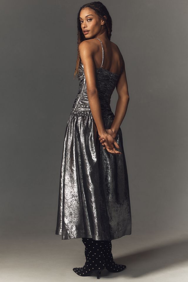 La Maise Studio Ruched Drop-Waist Foil Midi Dress #1