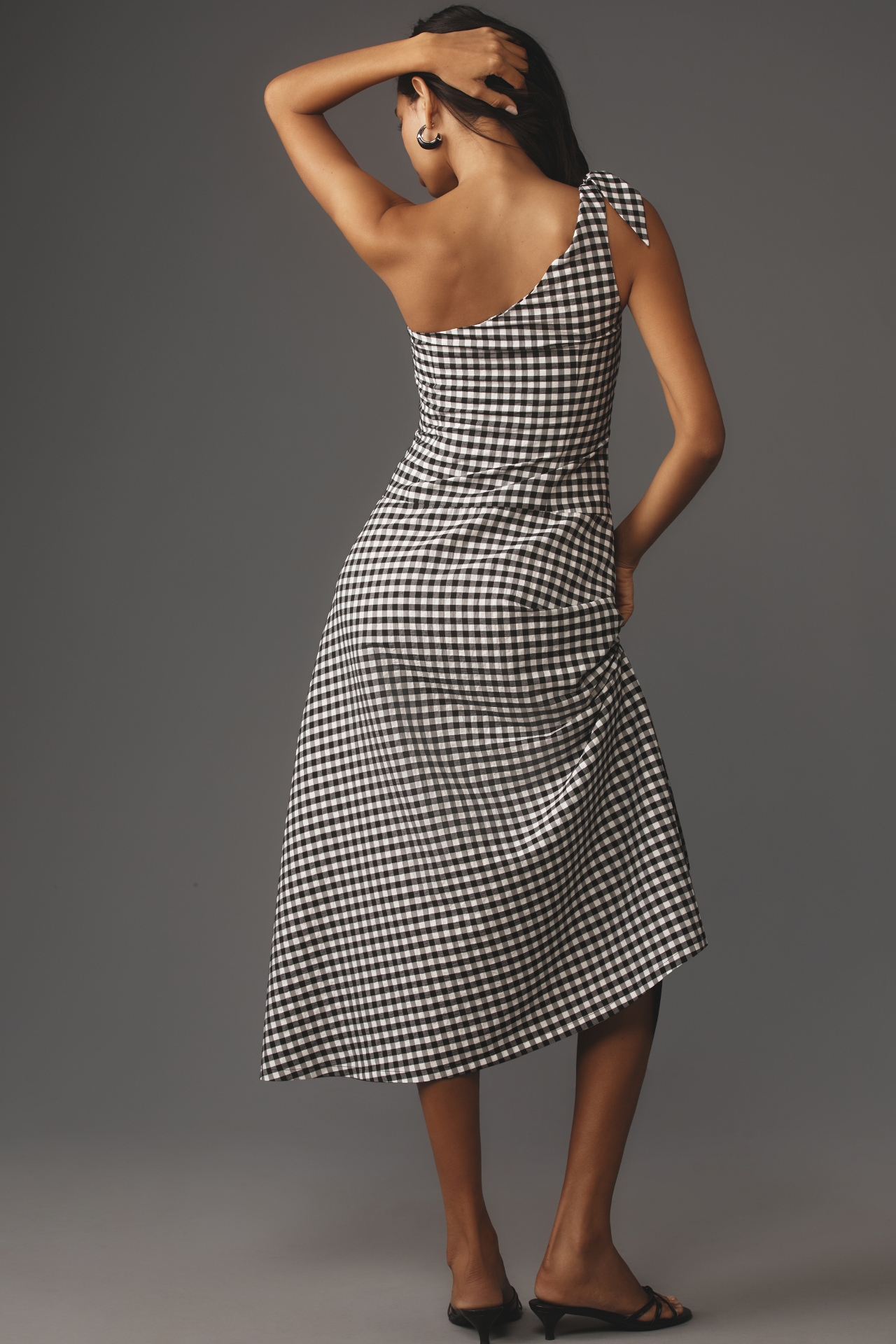 By Anthropologie One-Shoulder Gingham Midi Dress