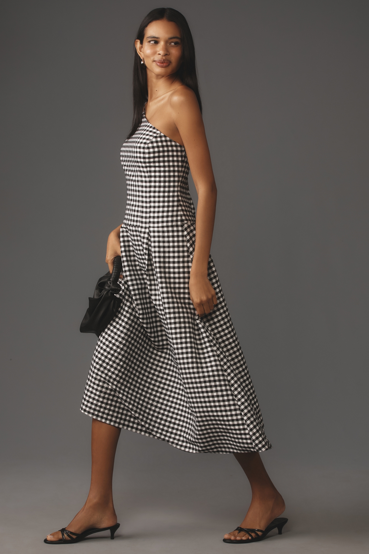 By Anthropologie One-Shoulder Gingham Midi Dress