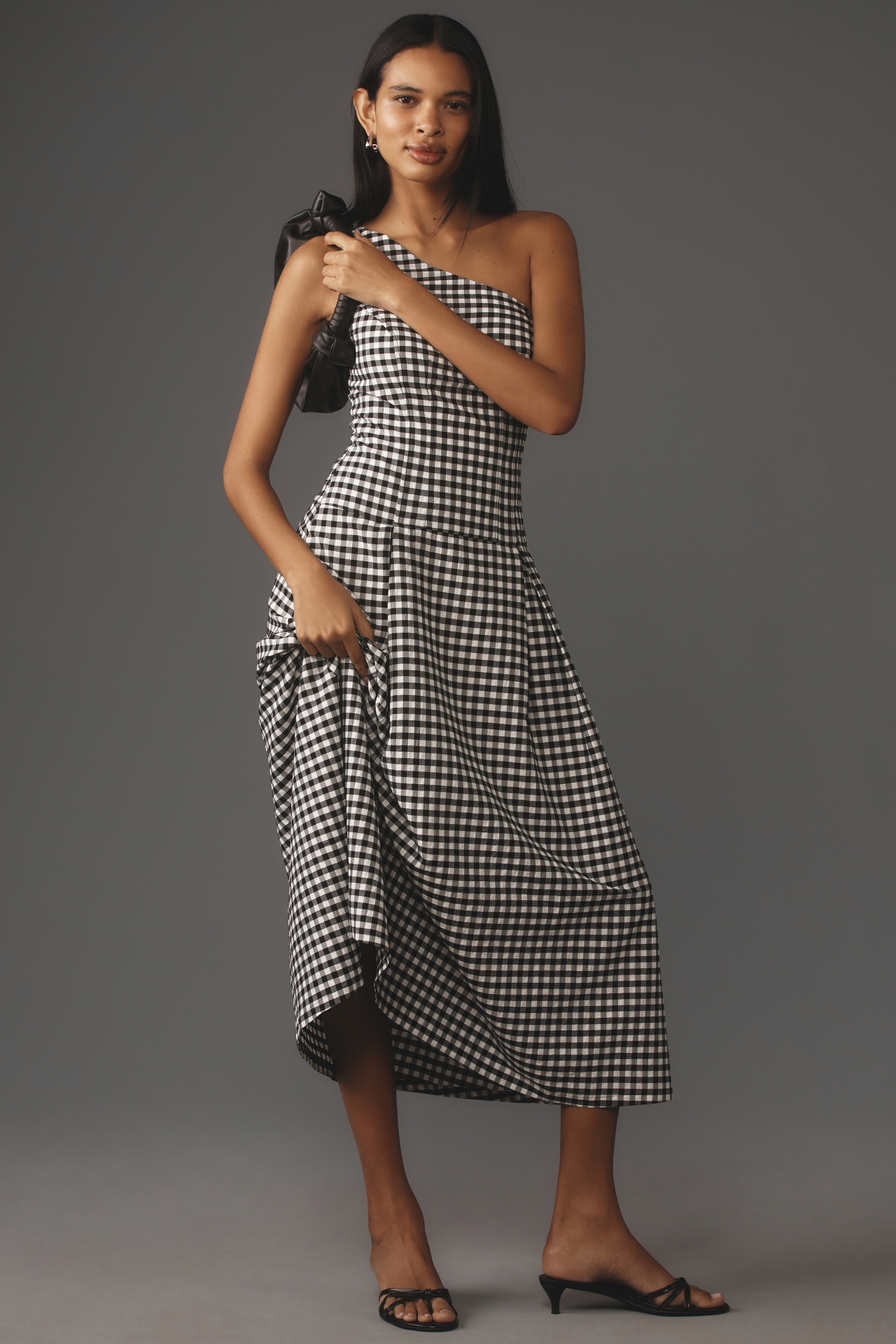 By Anthropologie One-Shoulder Gingham Midi Dress