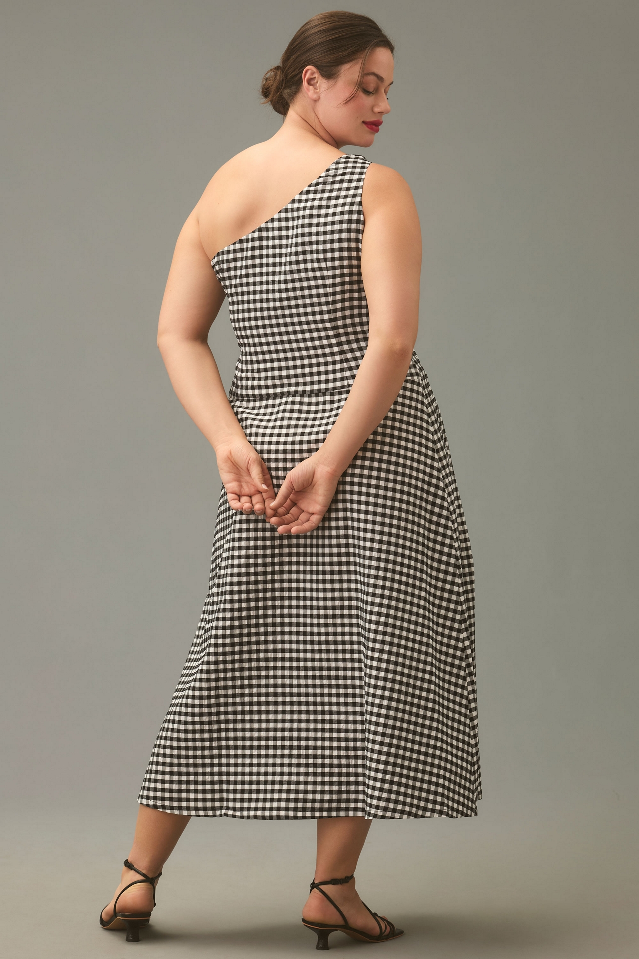 By Anthropologie One-Shoulder Gingham Midi Dress